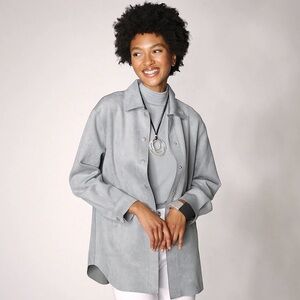 WYNNE LAYERS Faux Suede Shirt Jacket NEW StretchGrey Button Down Long‎ Sleeve